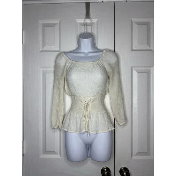 E&M Cream Peasant Blouse Corset Lace Up Cottagecore Top Small - Picture 1 of 5